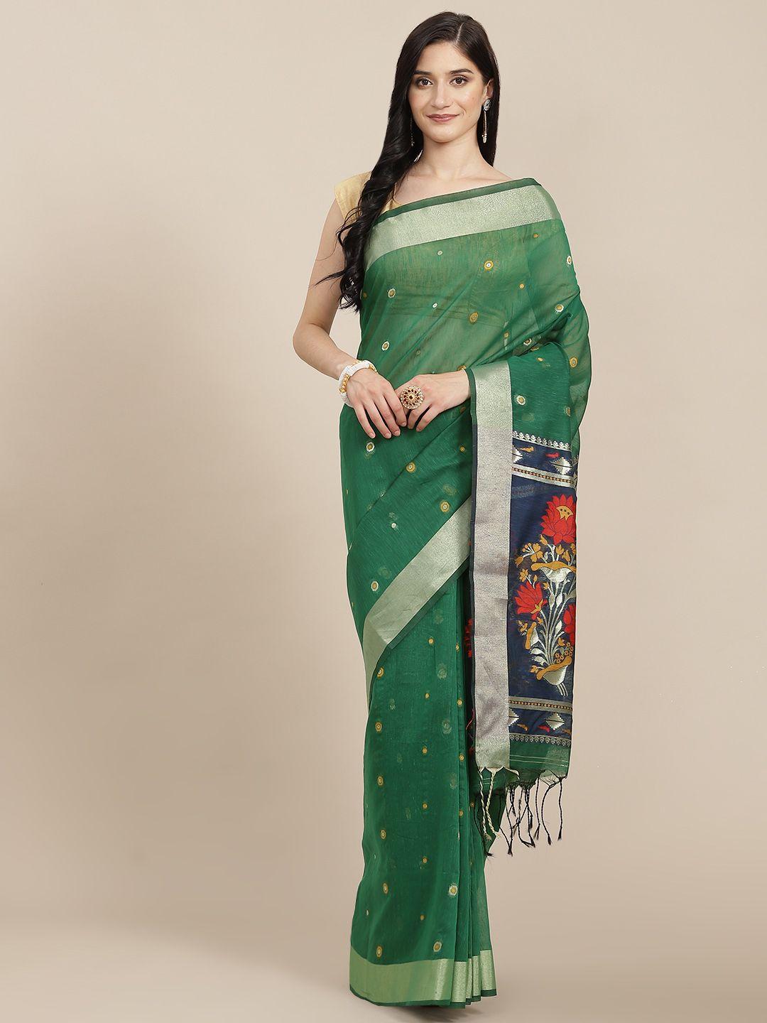 vishnu weaves green & blue ethnic motifs zari pure linen saree
