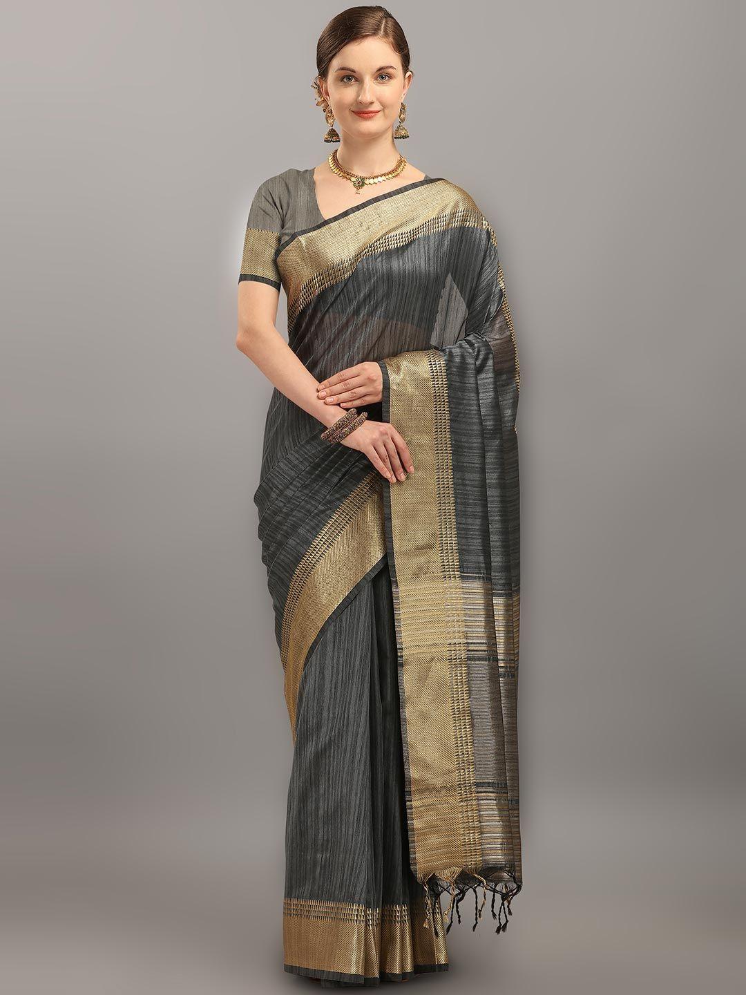 vishnu weaves grey & gold-toned zari silk blend tussar saree