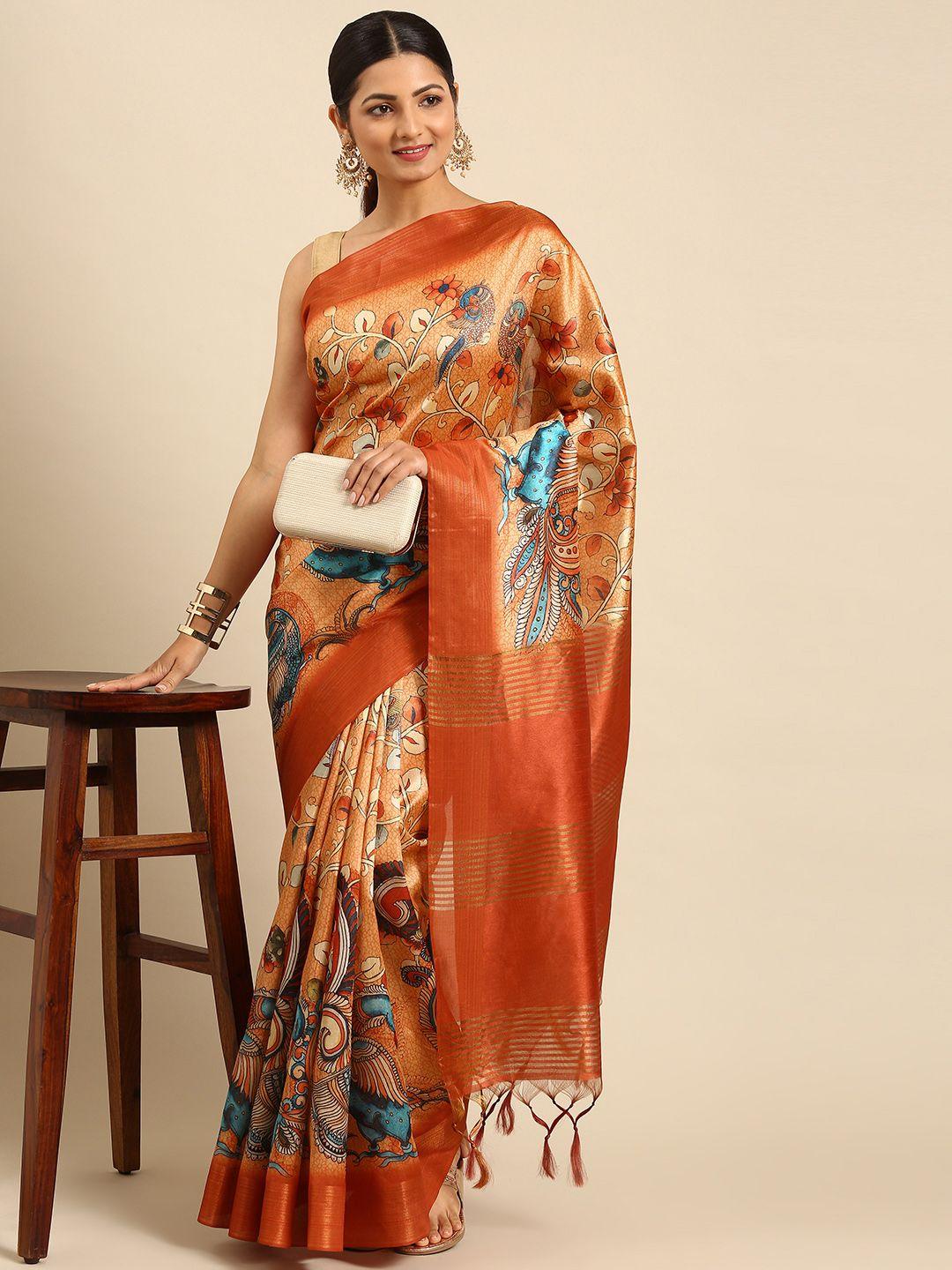 vishnu weaves orange & blue floral print tussar saree