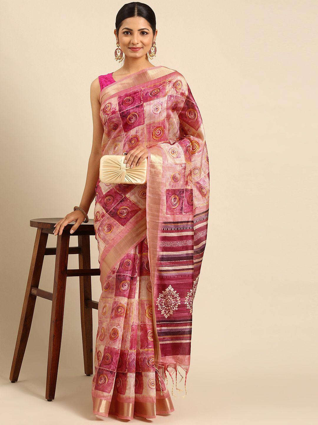 vishnu weaves peach-coloured & pink printed silk cotton maheshwari saree