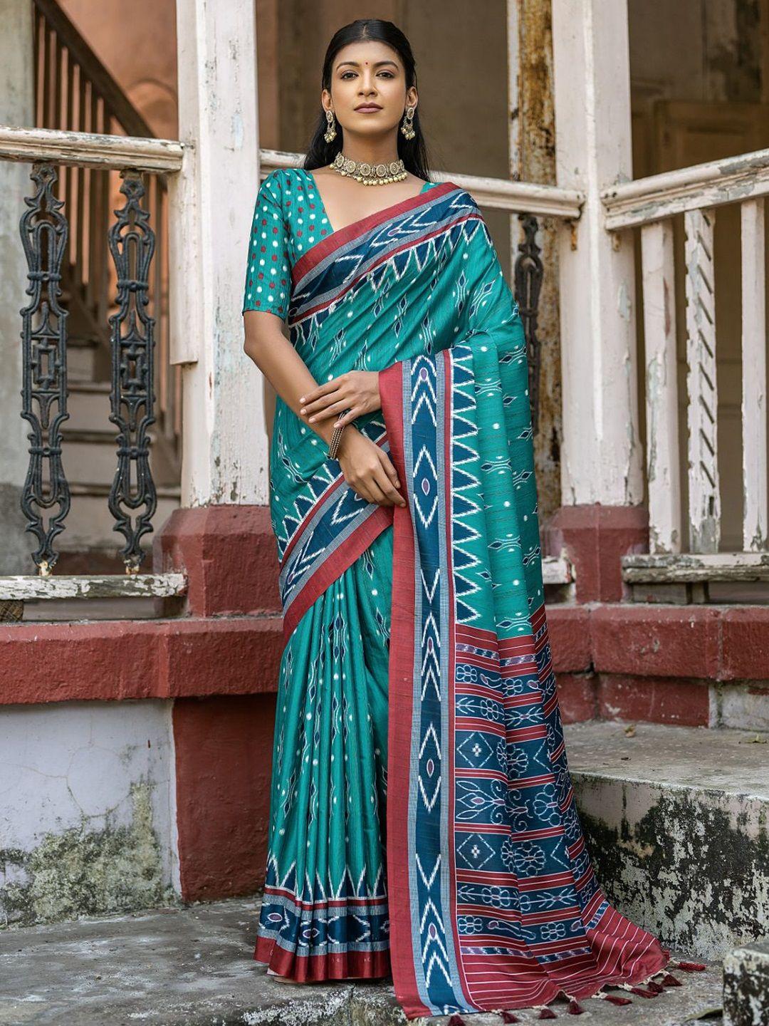 vishnu weaves ajrak block printed silk cotton ikat saree