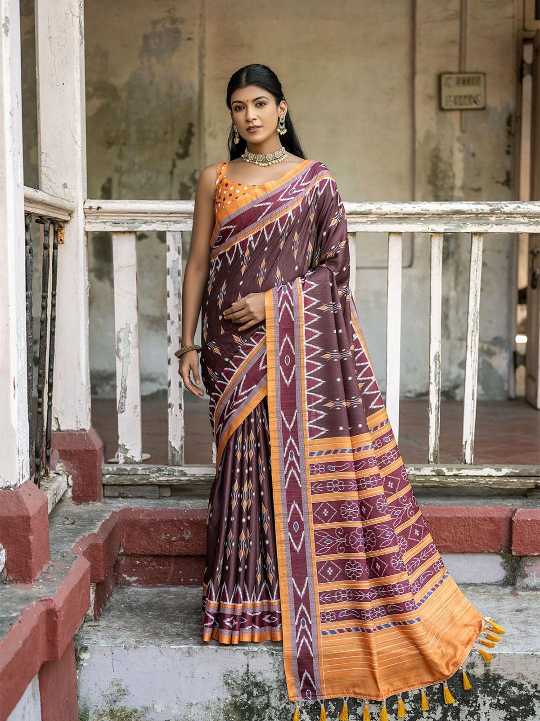 vishnu weaves ajrak block silk cotton ikat saree