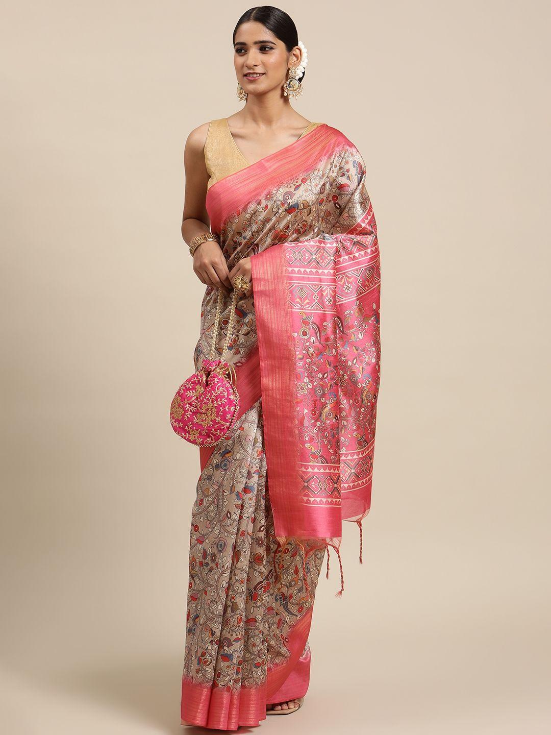 vishnu weaves beige & pink kalamkari zari silk cotton saree