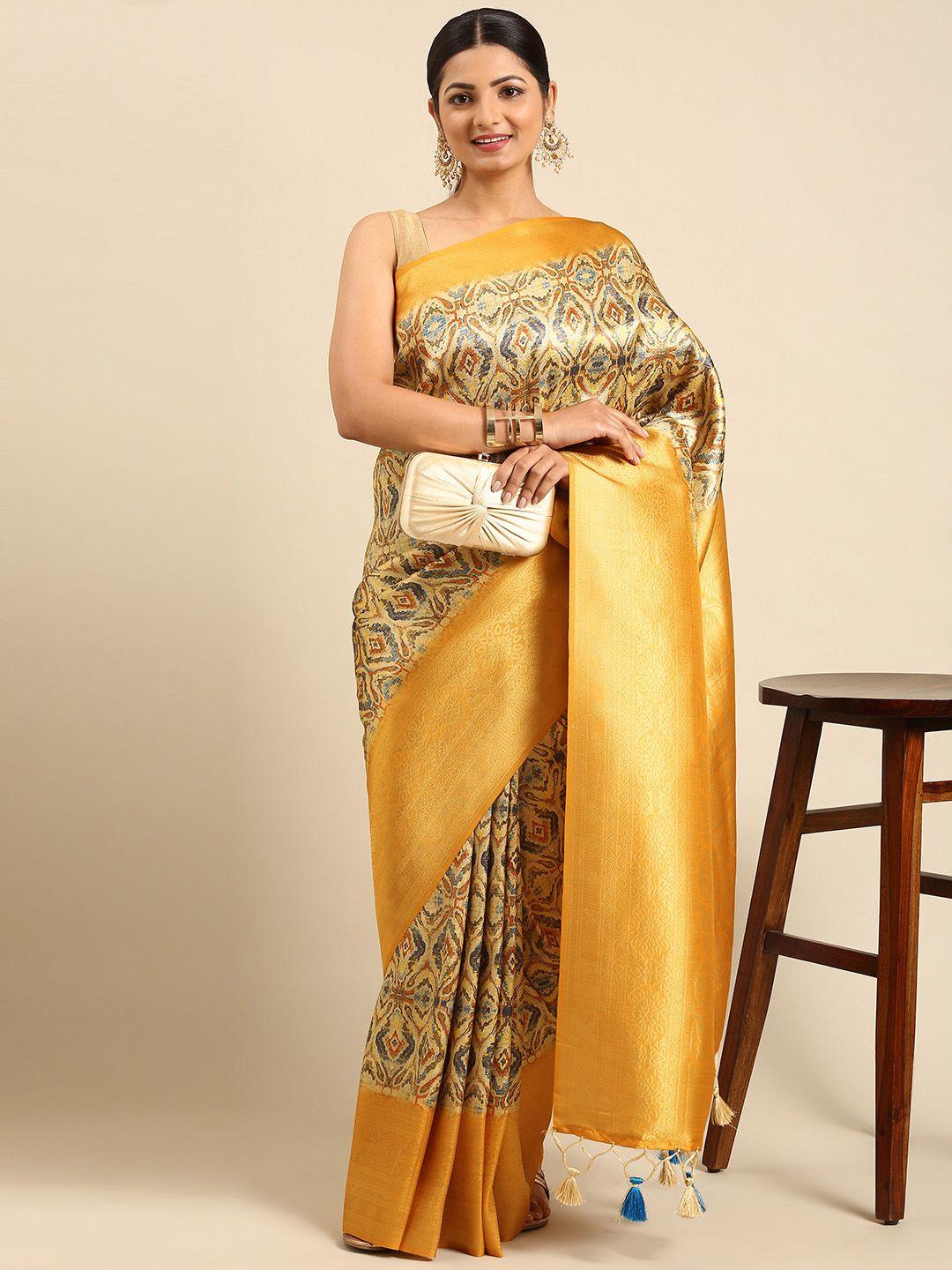 vishnu weaves beige & yellow ethnic motifs silk blend banarasi saree