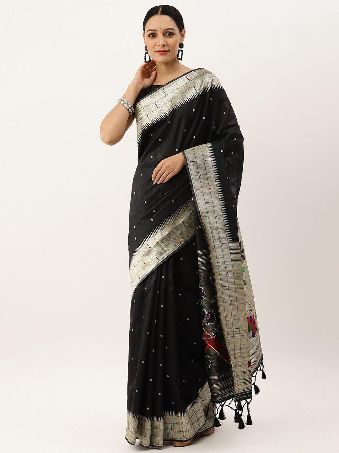 vishnu weaves black & silver-toned woven design jute silk tussar saree