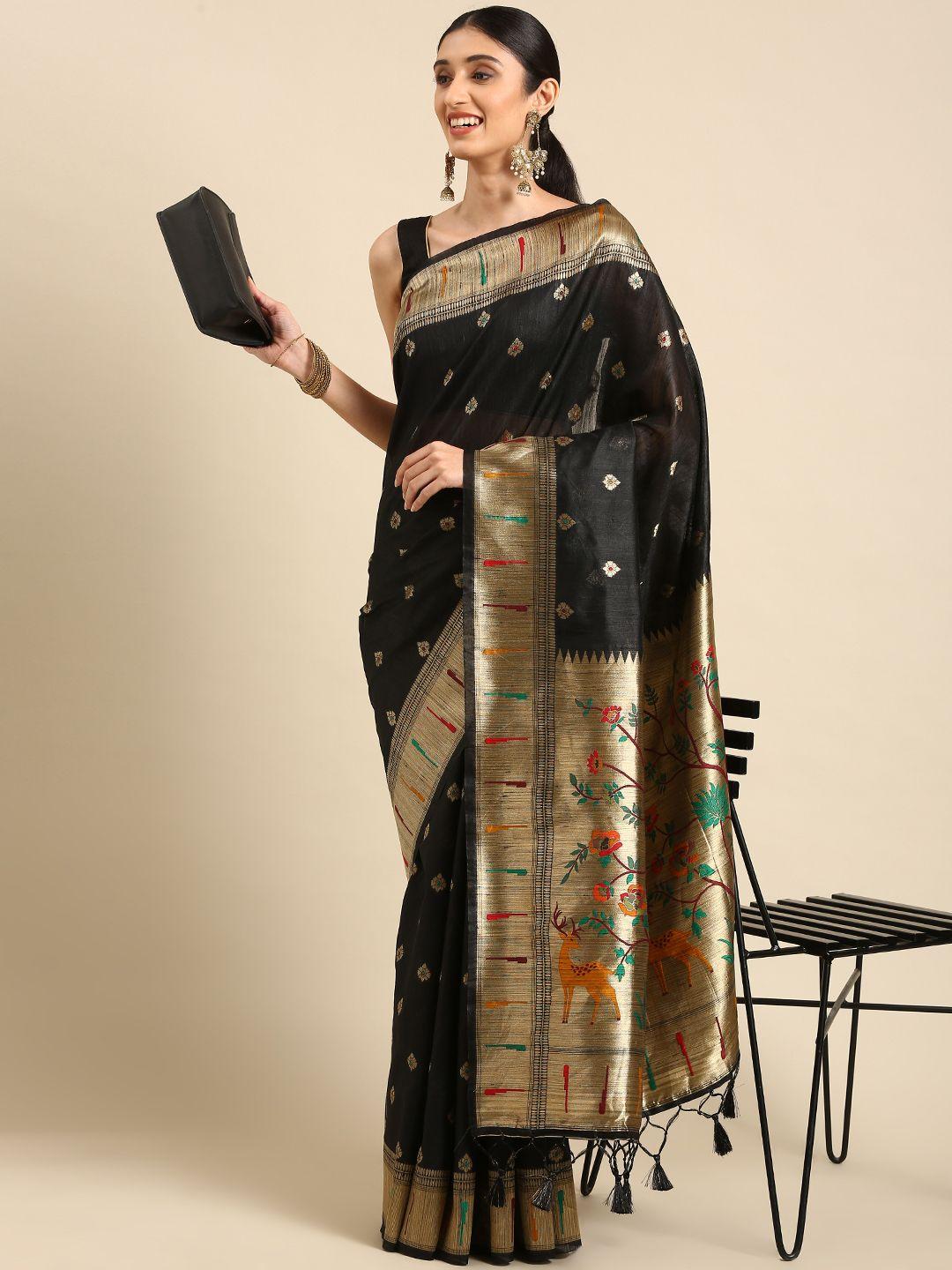 vishnu weaves black woven design jute silk paithani saree