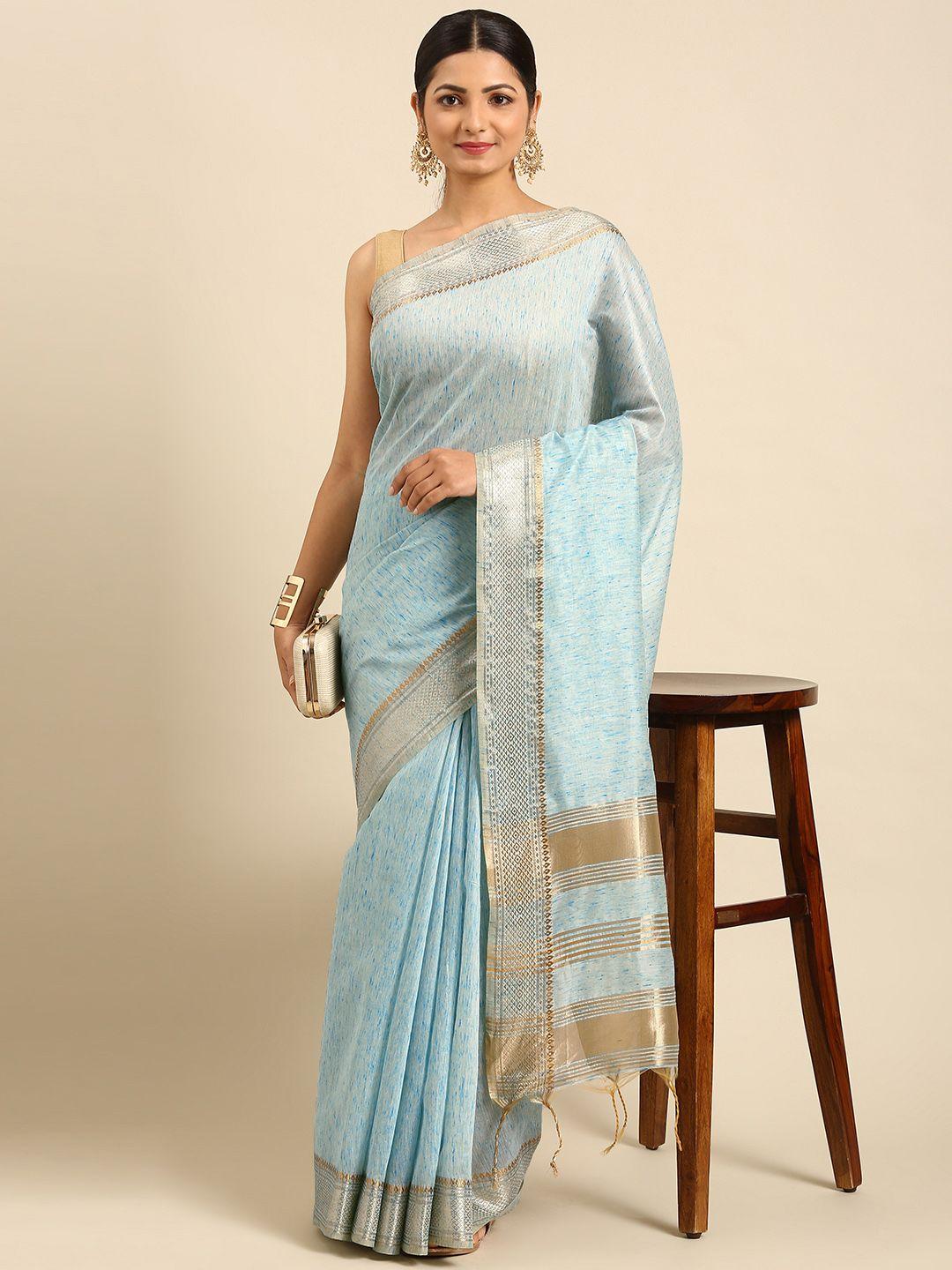 vishnu weaves blue & gold-toned solid jute cotton maheshwari saree