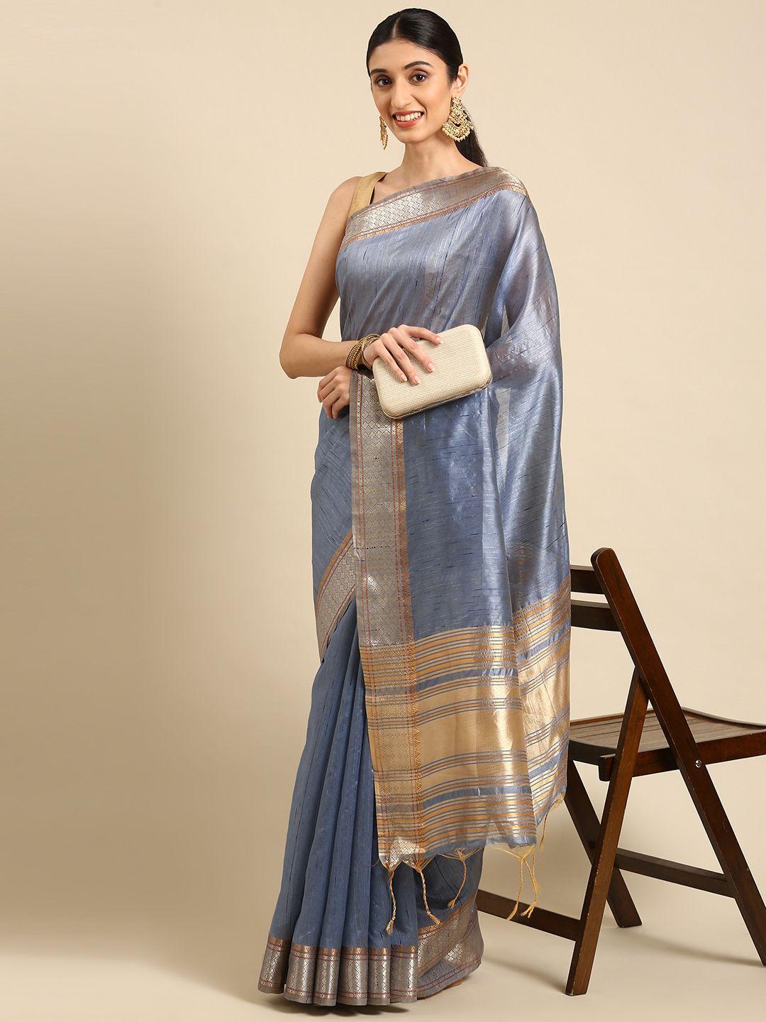 vishnu weaves blue zari silk blend tussar saree