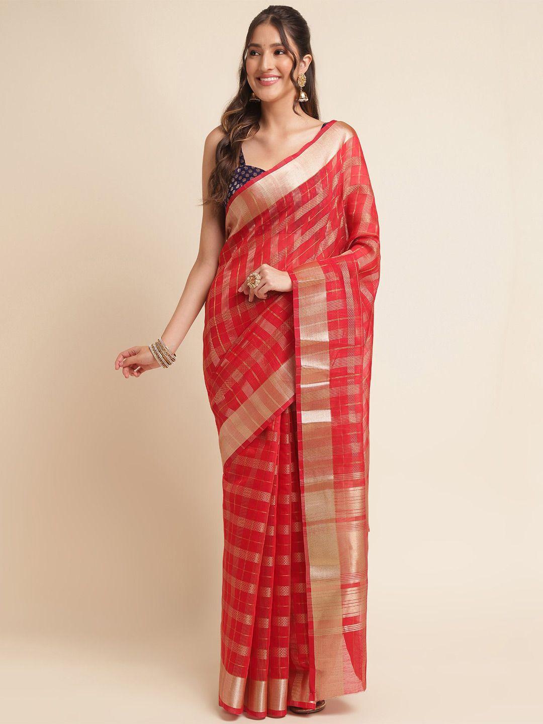 vishnu weaves checked woven design zari organza saree