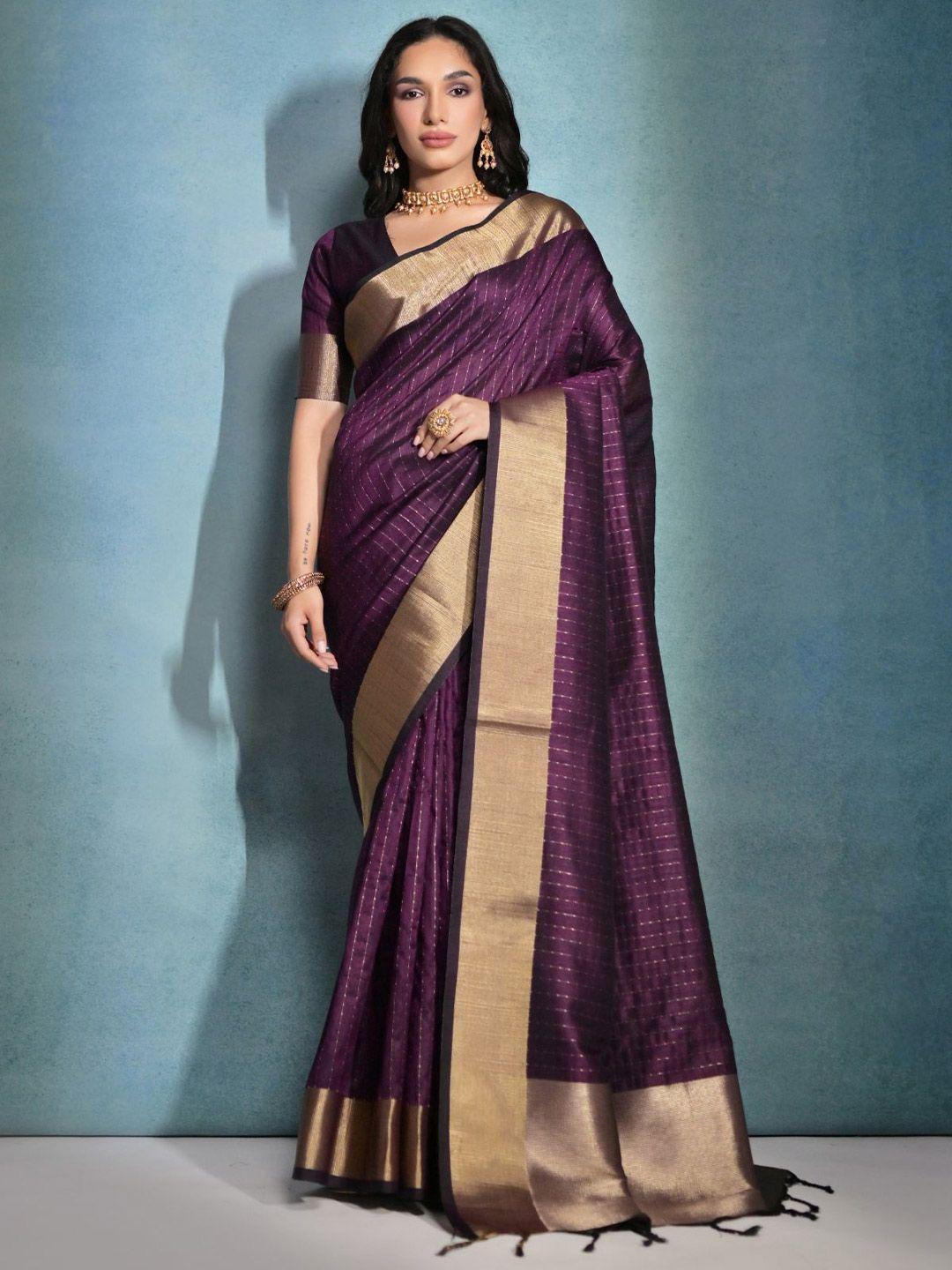 vishnu weaves checked zari bhagalpuri saree with tassels