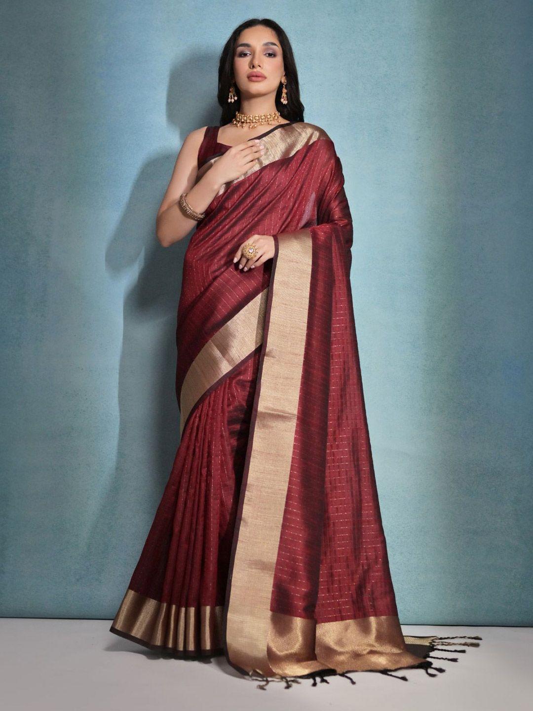 vishnu weaves checked zari bhagalpuri saree with tassels