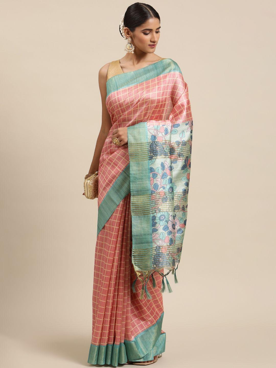 vishnu weaves coral & sea green checked zari silk cotton tussar saree