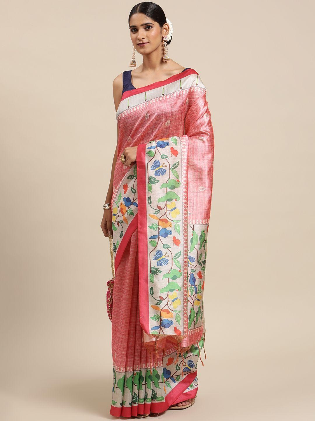 vishnu weaves coral pink ethnic motifs silk cotton ready to wear paithani saree