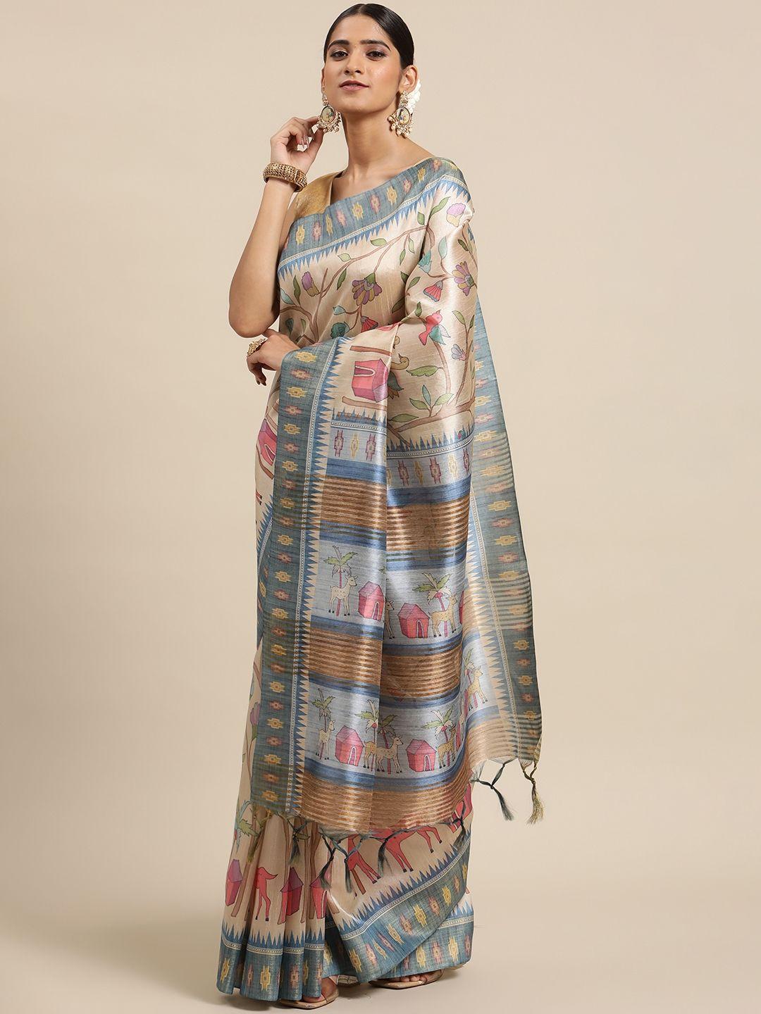 vishnu weaves cream-coloured & blue kalamkari zari silk cotton tussar saree