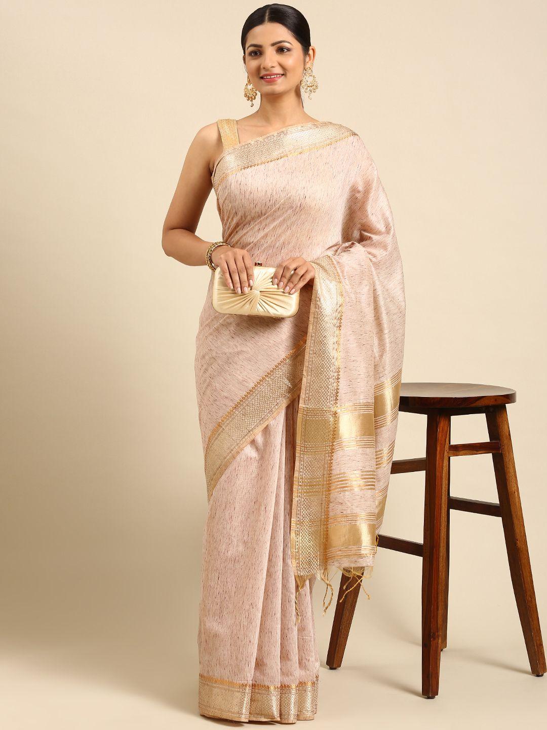 vishnu weaves cream-coloured & gold-toned jute cotton maheshwari saree