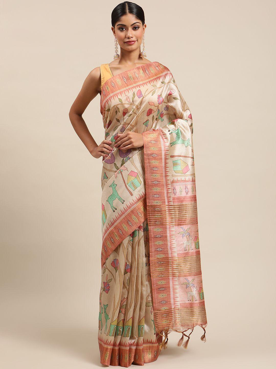 vishnu weaves cream-coloured & green kalamkari zari silk cotton tussar saree