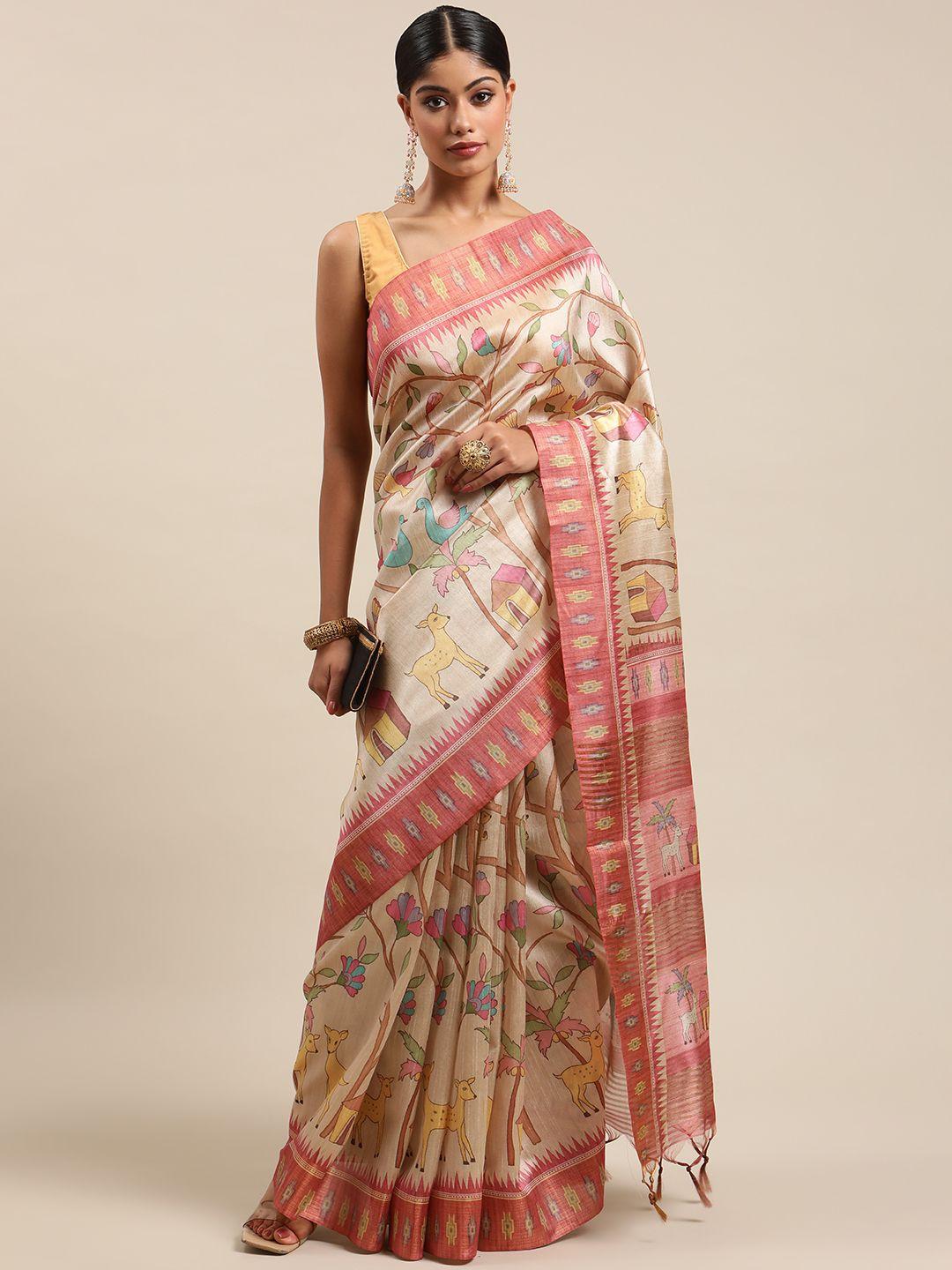 vishnu weaves cream-coloured & maroon kalamkari zari silk cotton tussar saree