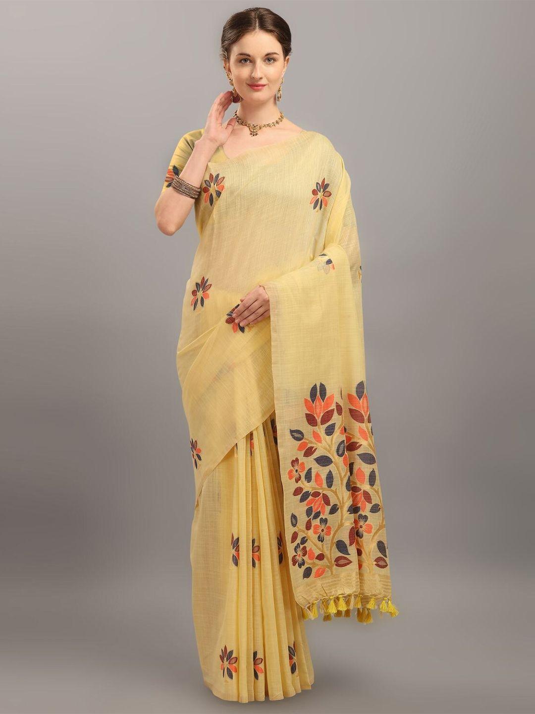 vishnu weaves cream-coloured & orange woven design jamdani saree