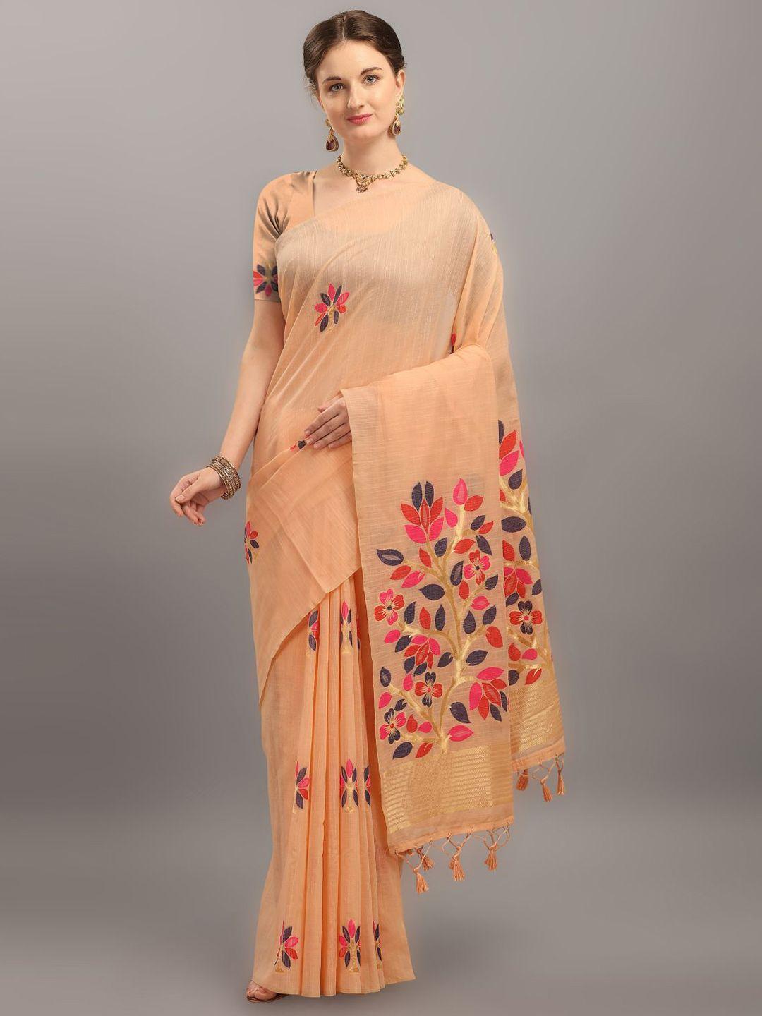 vishnu weaves cream-coloured & pink woven design jamdani saree