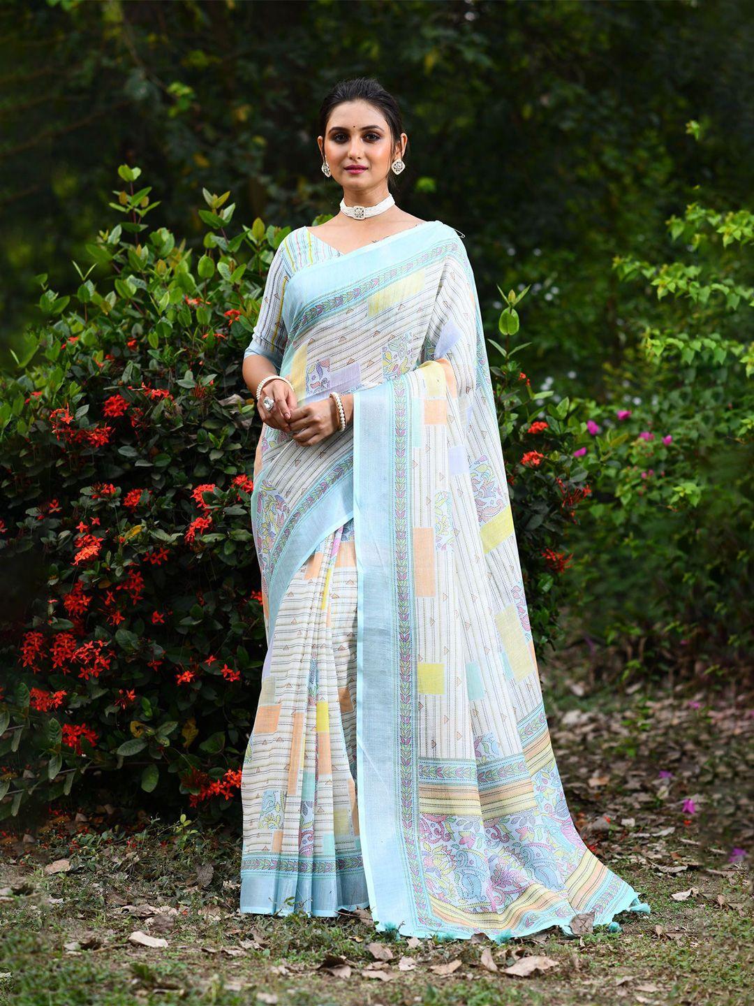 vishnu weaves ethnic motifs printed zari pure linen jamdani saree