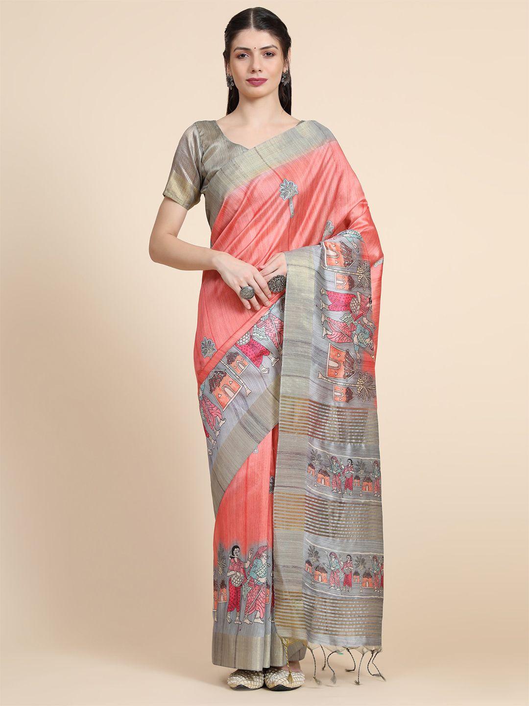 vishnu weaves ethnic motifs zari silk blend tussar saree with blouse piece