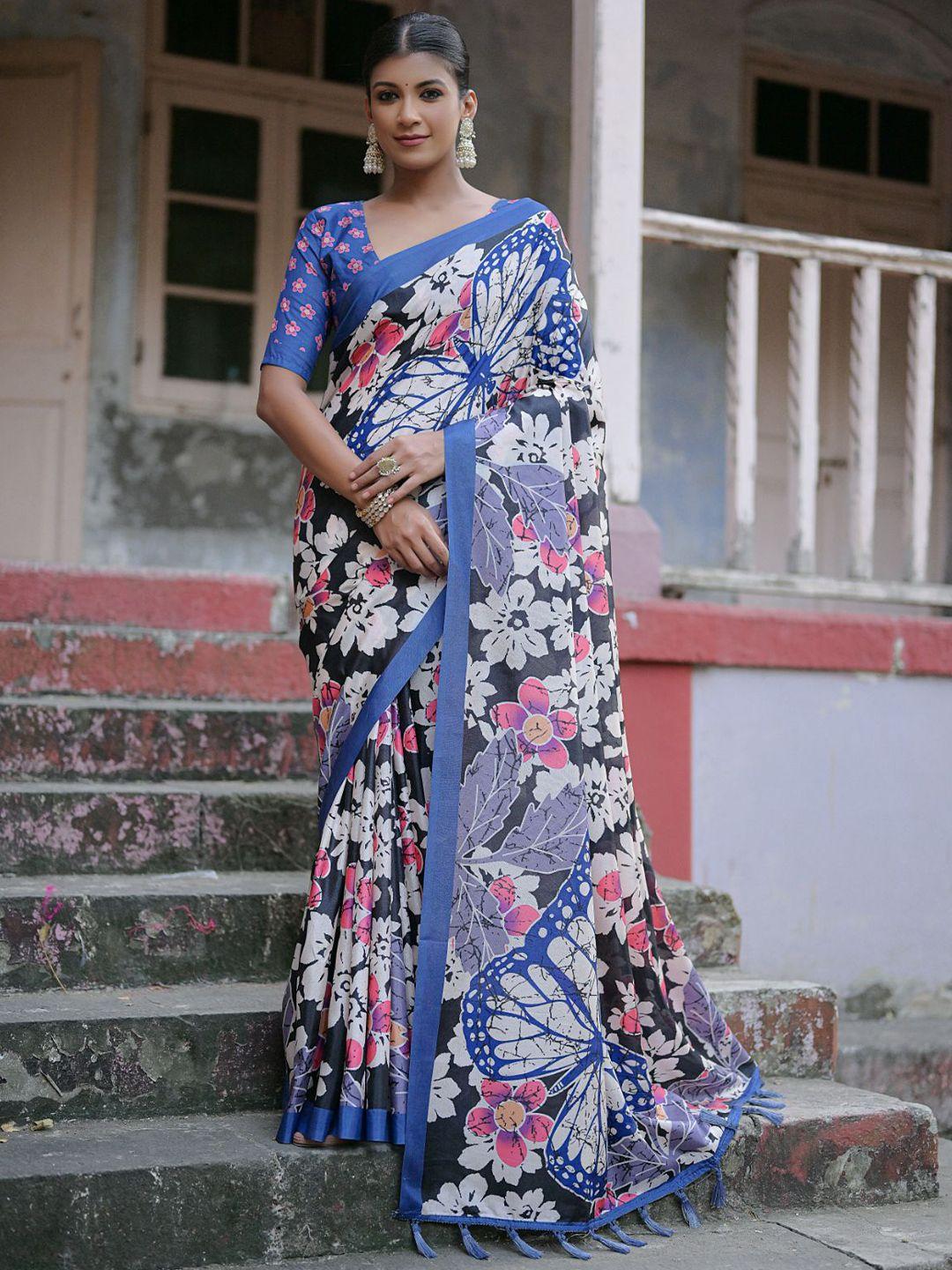 vishnu weaves floral printed zari jamdani saree with tassels