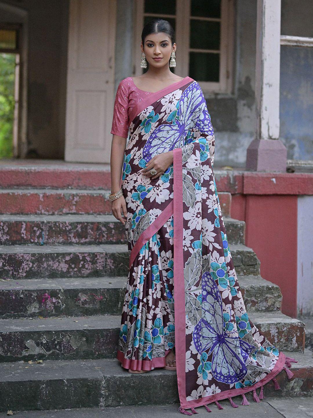 vishnu weaves floral printed zari jamdani saree with tassels