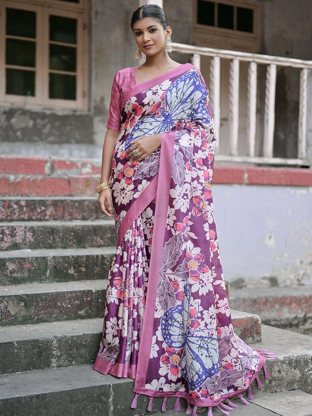 vishnu weaves floral printed zari jamdani saree with tassels