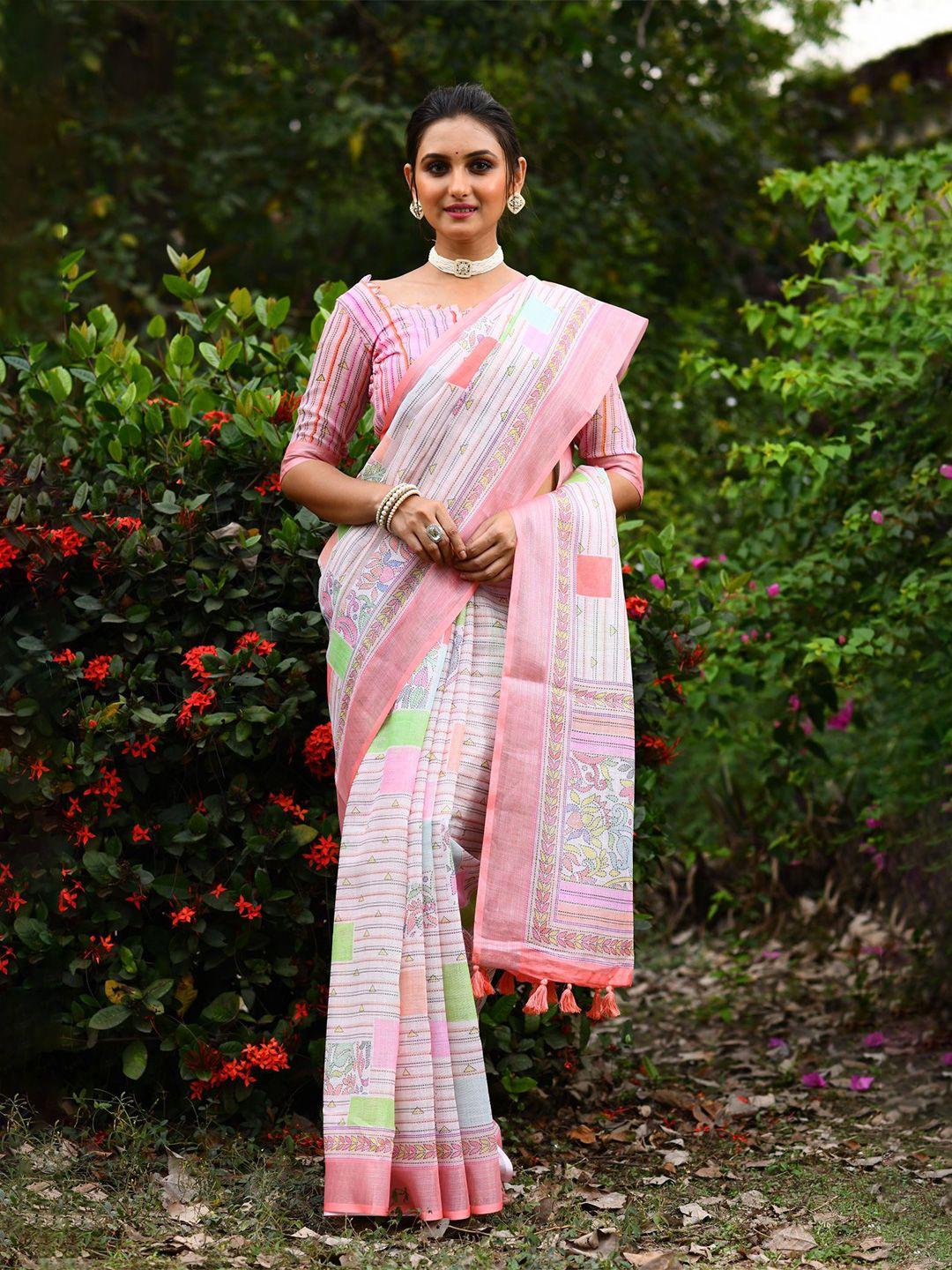 vishnu weaves floral printed zari pure linen jamdani saree