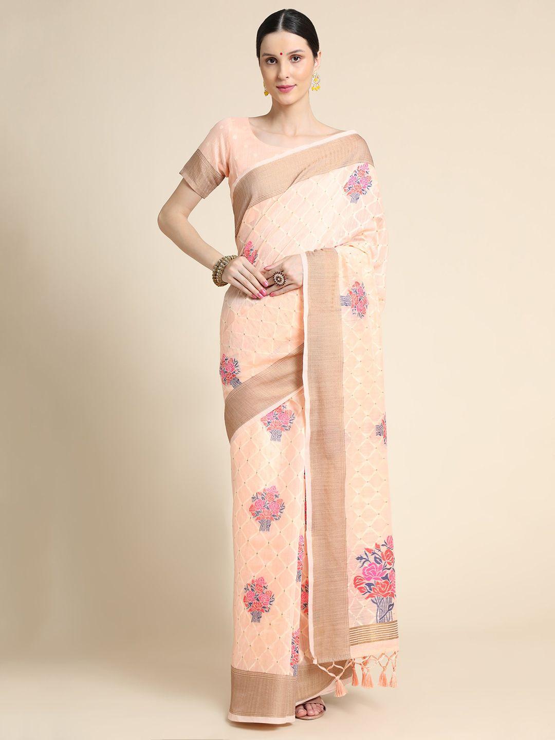 vishnu weaves floral printed zari pure linen saree