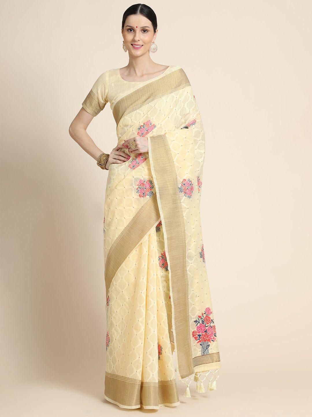 vishnu weaves floral printed zari pure linen saree