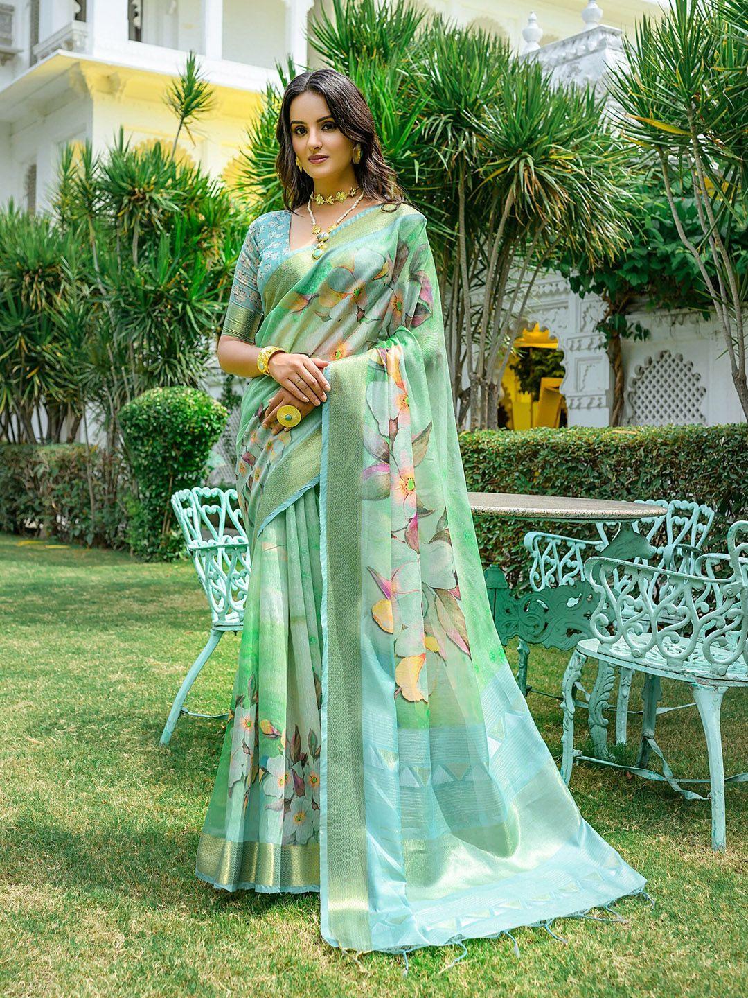 vishnu weaves floral printed zari silk cotton jamdani saree