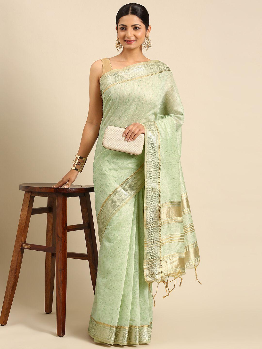 vishnu weaves green & gold-toned jute cotton maheshwari saree