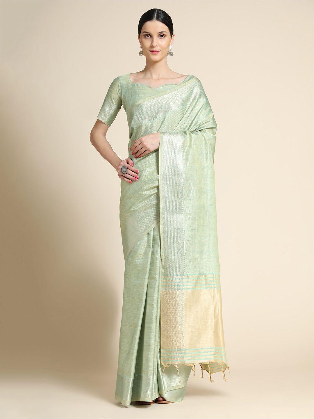 vishnu weaves green & gold-toned woven design zari pure linen saree