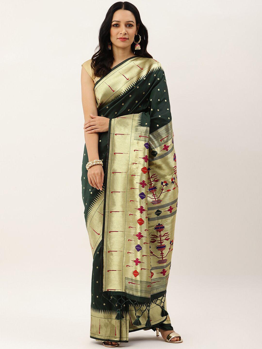 vishnu weaves green & red ethnic motifs zari silk blend paithani saree