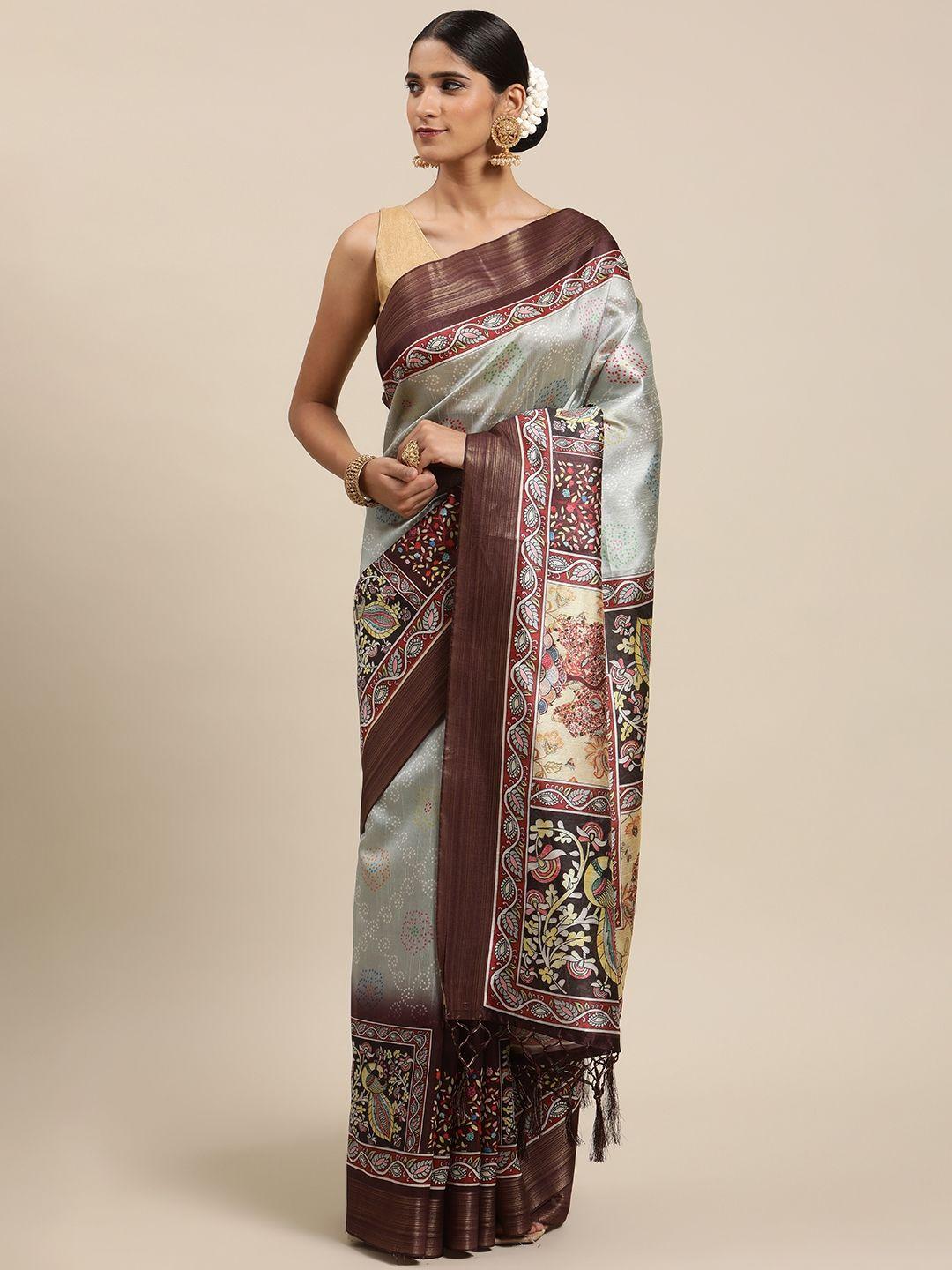 vishnu weaves grey & coffee brown ethnic motifs zari silk cotton tussar saree