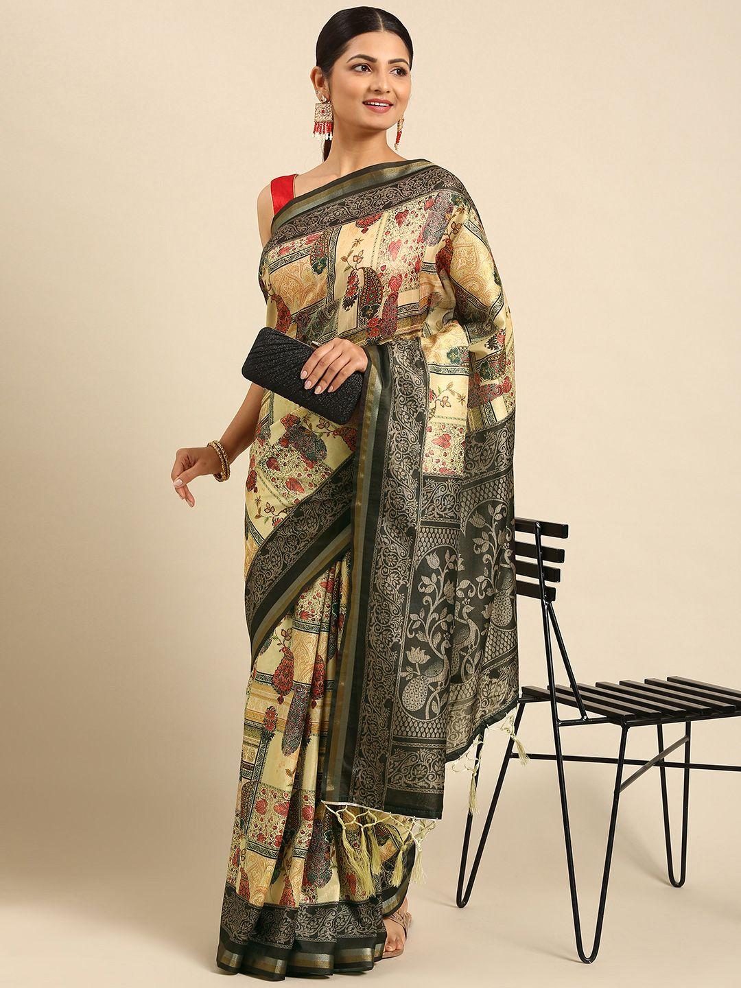 vishnu weaves grey & cream-coloured kalamkari silk cotton tussar saree