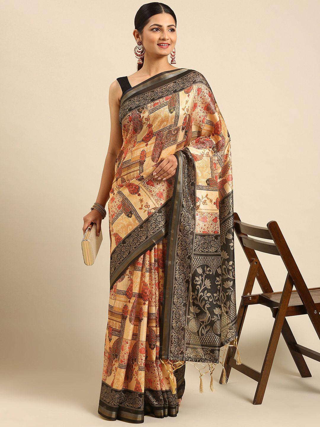 vishnu weaves grey & cream-coloured kalamkari silk cotton tussar saree