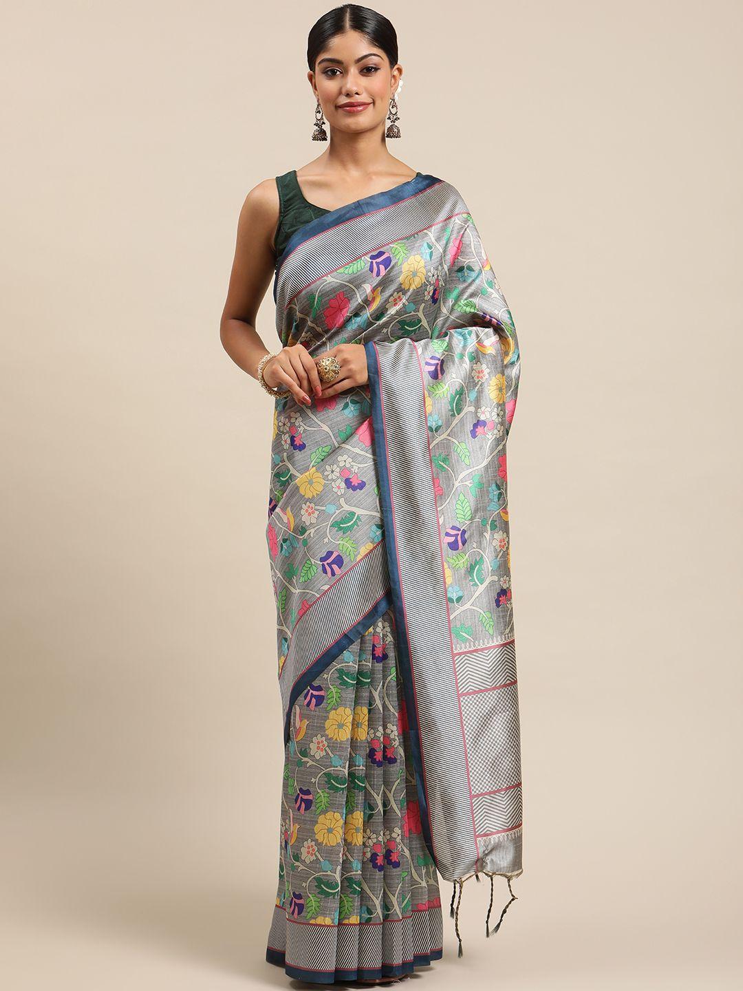 vishnu weaves grey & pink ethnic motifs silk cotton paithani saree