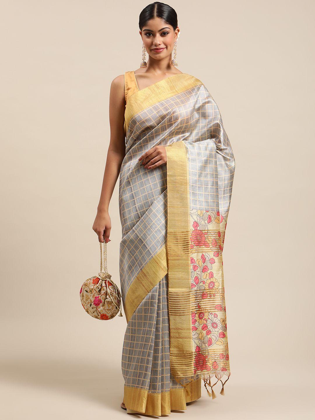 vishnu weaves grey & yellow checked zari silk cotton tussar saree