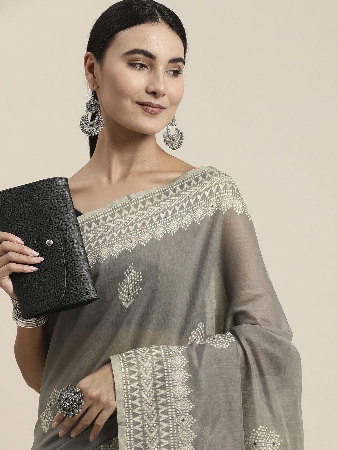vishnu weaves grey melange & white ethnic motifs banarasi saree