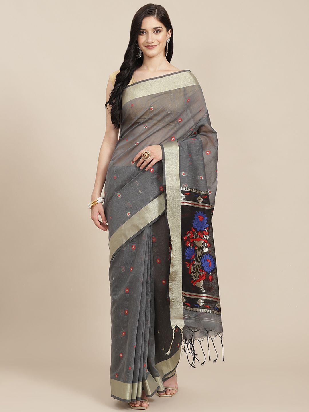 vishnu weaves grey woven design pure linen jamdani saree