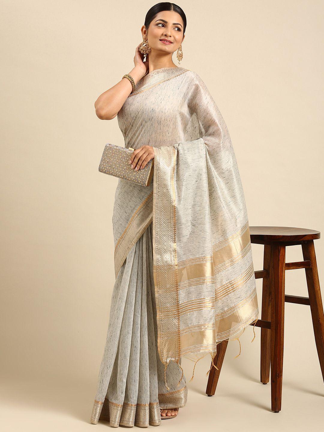 vishnu weaves grey woven design zari jute cotton maheshwari saree