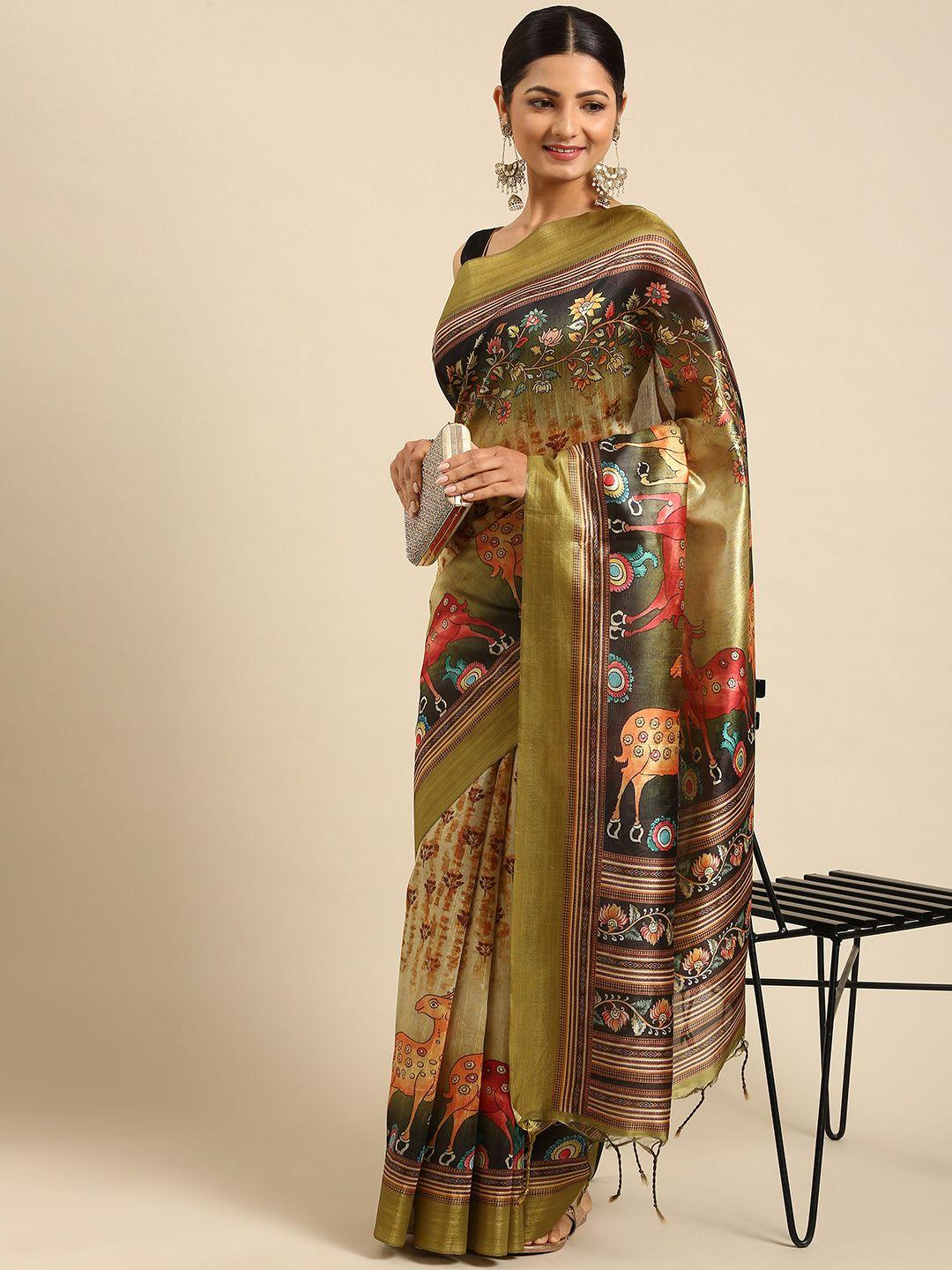 vishnu weaves lime green & olive green kalamkari jute silk tussar saree