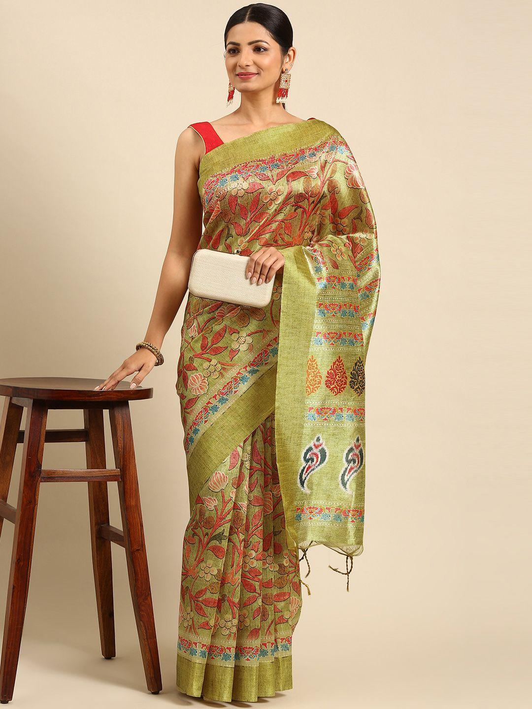 vishnu weaves lime green floral jute silk tussar saree