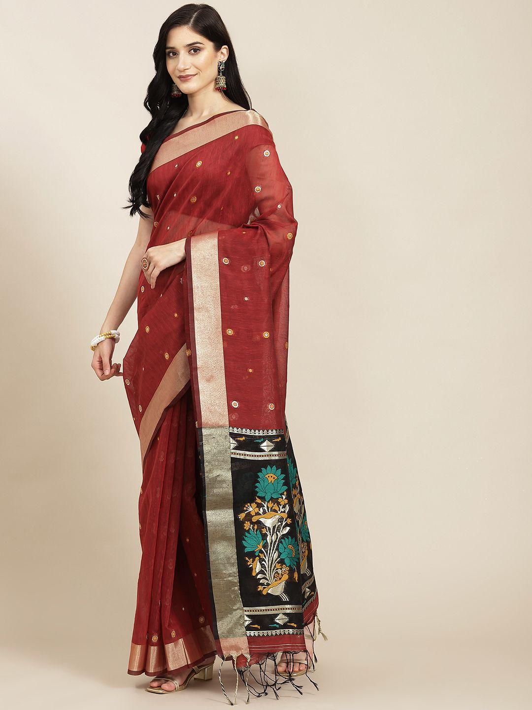 vishnu weaves maroon woven design pure linen jamdani saree