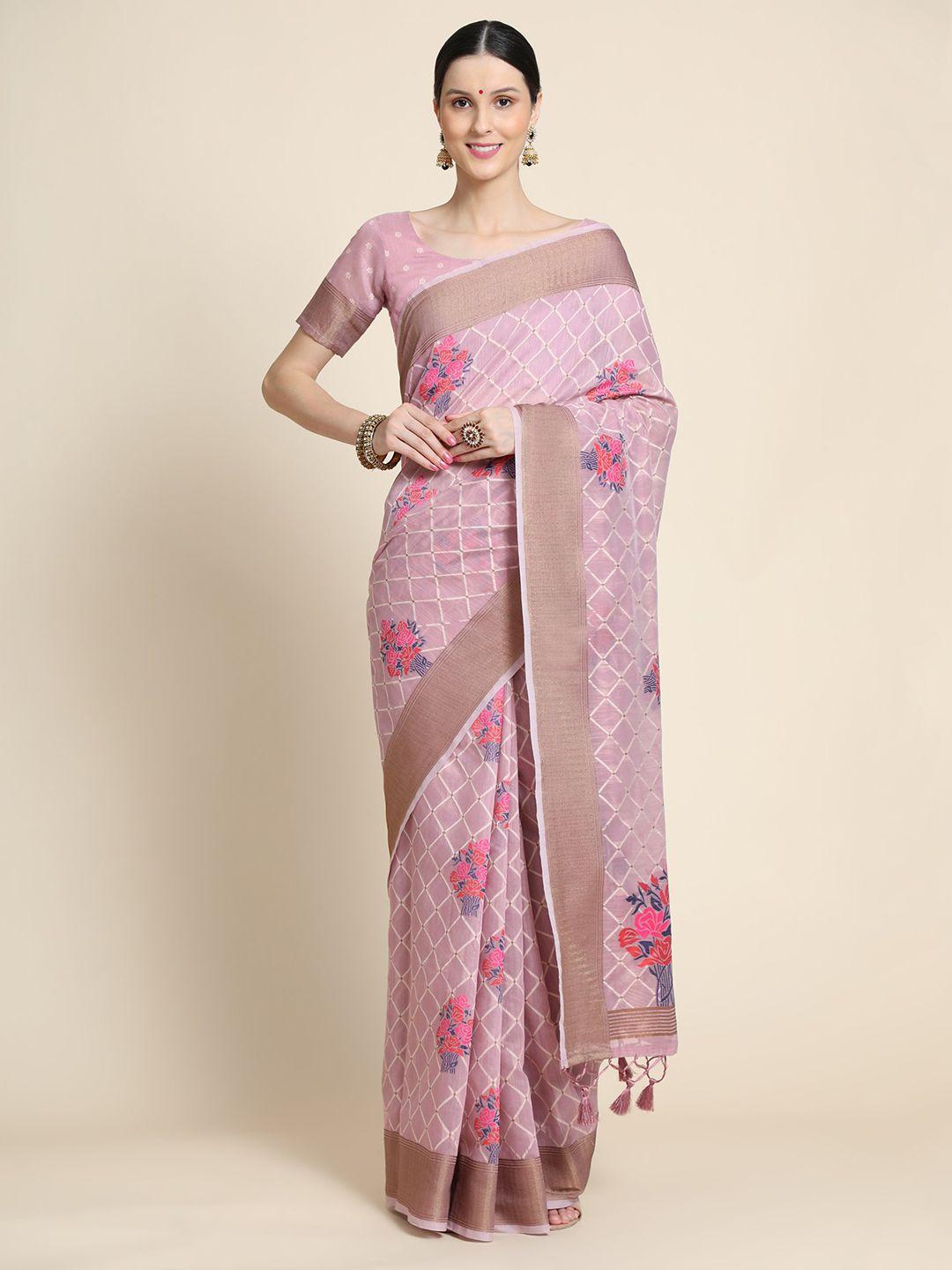 vishnu weaves mauve & copper-toned checked zari pure linen saree