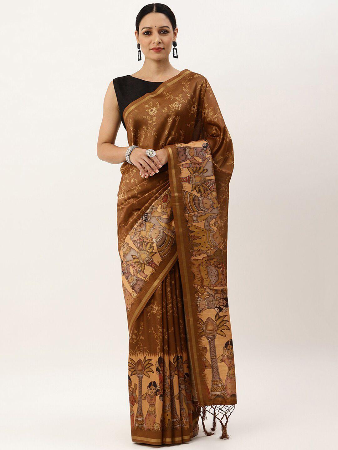 vishnu weaves mustard & brown kalamkari zari jute silk tussar saree