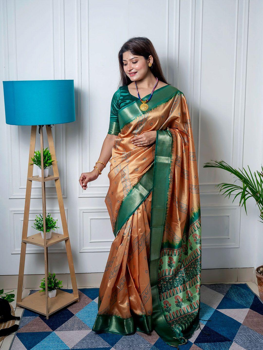 vishnu weaves mustard & green bandhani zari silk cotton muga saree