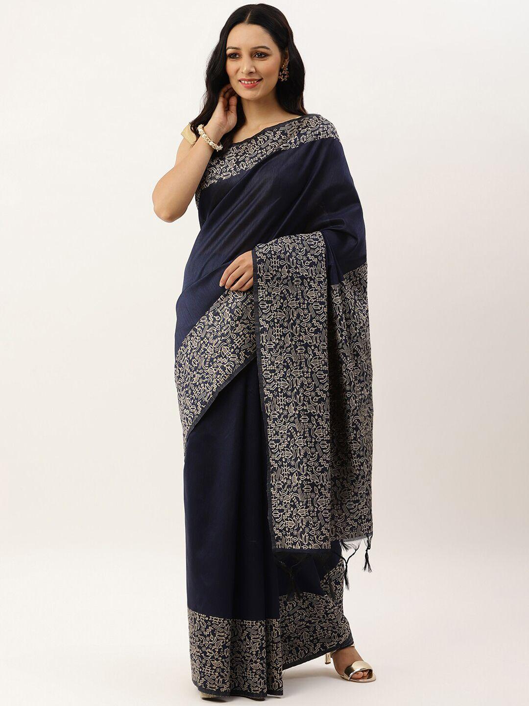 vishnu weaves navy blue & beige bhagalpuri saree